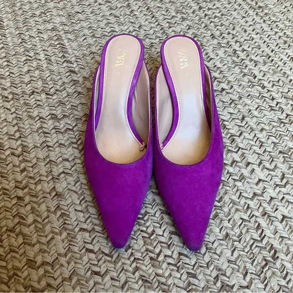 Zara Slip On Leather Kitten Heel Mule Fuchsia size 6.5 - Picture 2 of 7
